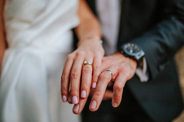 istock Newlyweds Show Their Wedding Rings 2200429543