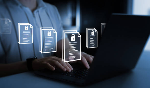 istock Software for security, searching and managing corporate document and employee information. Protecting herself from cyber attacks. Documents confidentiality,cyber security protection concept. 2200431393