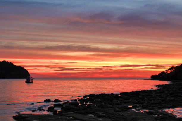 multicolored sky at tropical sunset in a calm bay, thailand