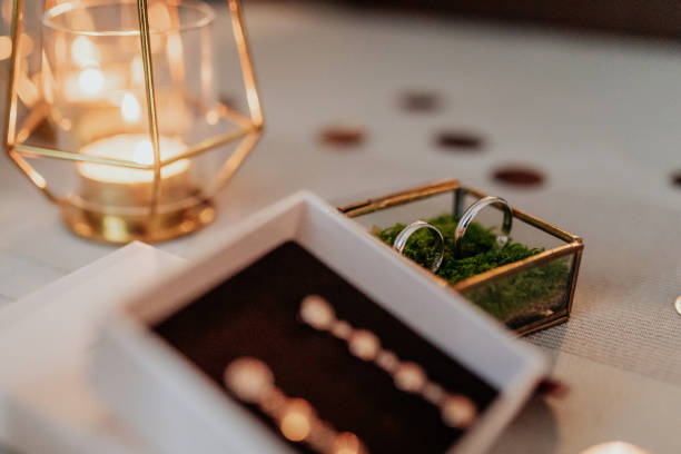 istock Wedding Rings in a Glass Box with Candlelight Glow 2200438250