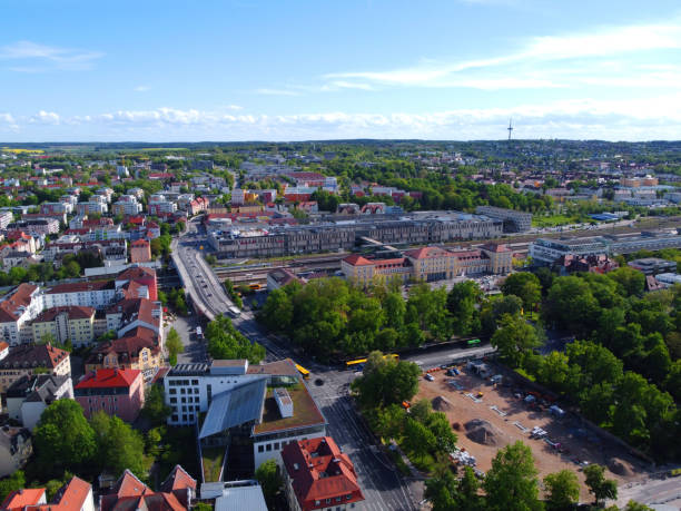 istock Regensburg, Germany: Aerial view towards the train station 2200438685
