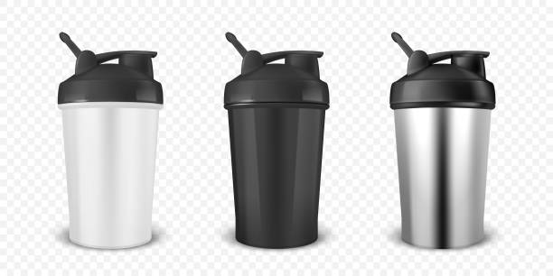 istock Vector Realistic 3D Empty Glossy Shaker Bottle Set With Black Cap for Fitness Sports Nutrition Supplement Workout Hydration Closeup Isolated. Packaging Mockup Design Template 2200445249