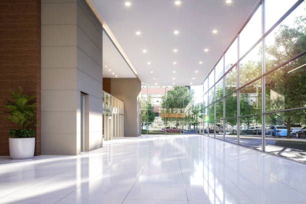 istock Modern interior office hall with traffic outside as background 3d render 2200460737