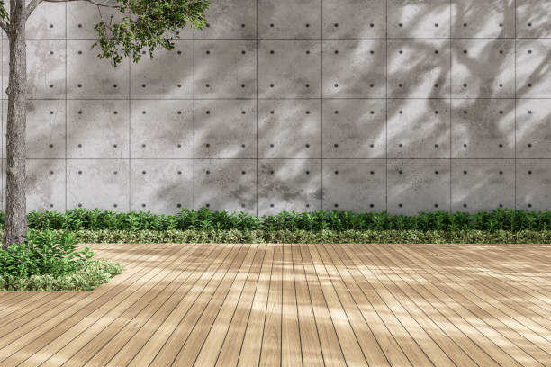 istock Modern contemporary empty wooden terrace with blank concrete wall 3d render 2200460743