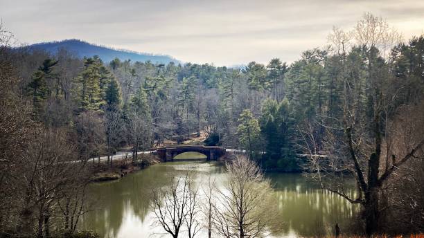 Winter Scene with Pond, Bridge and Mountains