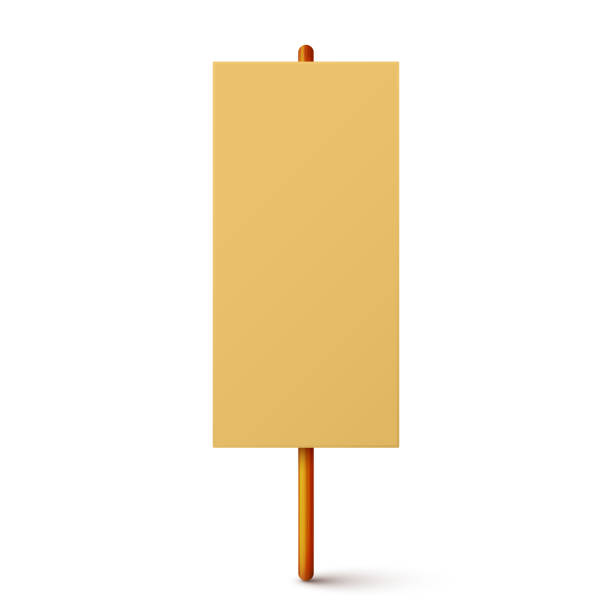 istock Blank colorful protest sign with wooden holder. Demonstration banner. Strike action cardboard placard mockup. Social advertisement. Vector illustration 2200462364