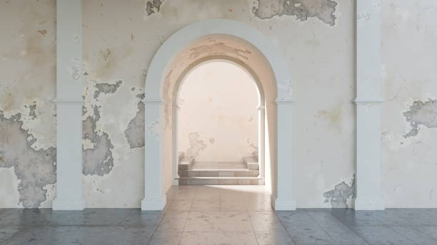 istock Soft sunlight filters through an arched entrance into a spacious, minimalist interior. cracked walls and stone steps add an element of aged beauty to the serene atmosphere. 3d render 2200463882