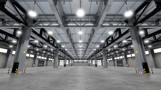 istock Spacious industrial warehouse features a high ceiling supported by steel beams. 3d render 2200463912