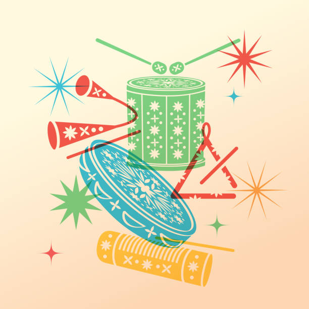 Ornate percussion instruments in multi colored overlay style Ornate percussion instruments in multi colored overlay style. Stylized musical elements in linocut, woodcut or laser cutting. Carnival poster. Brazilian culture. T-shirt pattern. Tambourine, snare drum, agogo, reco-reco and triangle instrument. Vector illustration. woodcut banner stock illustrations