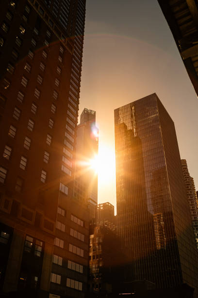 New York City at sunset, financial district at sunset.
