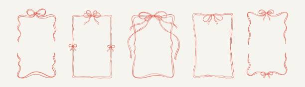 Set of rectangle vertical bow ribbon frames. Cute line doodle coquette pink design elements. Hand drawn girly border for Christmas cards, birthday party and wedding invitations Set of rectangle vertical bow ribbon frames. Cute line doodle coquette pink design elements. Hand drawn girly border for Christmas cards, birthday party and wedding invitations drawing of the a bow tie stock illustrations