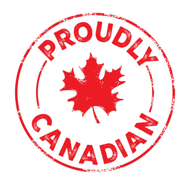 istock Proudly Canadian round label design with red maple leaf with texture on white background 2200475745