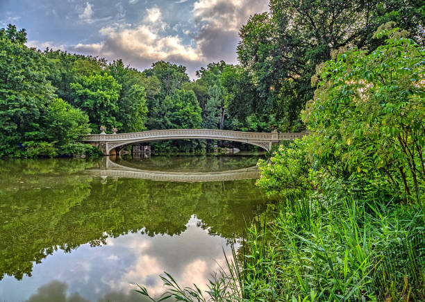 NYC NY USA Oct 25 2025: Bow Bridge was designed by Calvert Vaux and Jacob Wrey Mould and completed in 1862. It is one of the first cast-iron bridges in the United States. Bow Bridge is located in the center of Central Park, spanning across The Lake. It connects the Ramble and the Central Park Mall, making it a key link between these popular areas. Bow Bridge is a beloved landmark and a favorite spot for both tourists and locals. Its romantic and picturesque setting makes it a popular location for wedding proposals, photoshoots, and scenes in films and television shows.