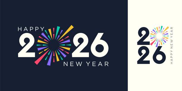 2026 happy new year logo design vector. colorful fireworks and trendy new year 2026 design template. - neujahrsgruß 2026 stock-grafiken, -clipart, -cartoons und -symbole