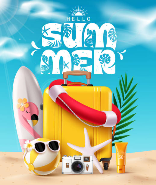 istock Hello summer greeting clipart poster design. Summer text with luggage bag, surfboard, lifebuoy ring, palm leaves and beach ball clip art 2200496034