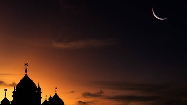 istock Mosques dome on dark blue twilight sky and Crescent Moon on backgrounds, symbol islamic religion Ramadan and free space for text arabic, Eid al-Adha, Eid al-fitr, Mubarak, Islamic new year Muharram 2200510314