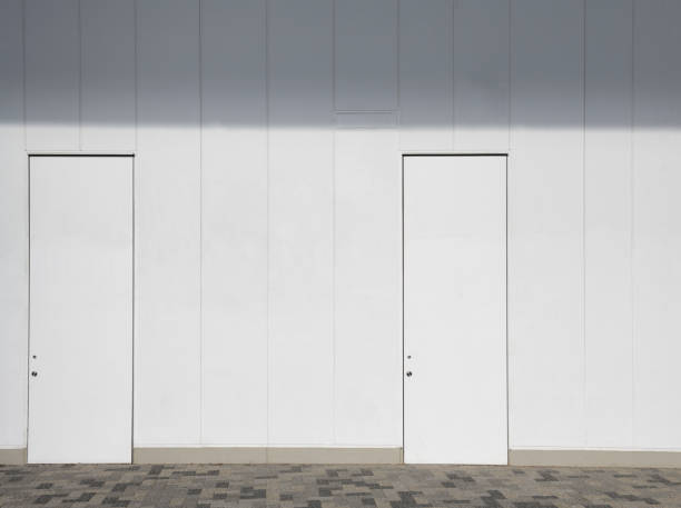White concrete wall and closed two white metal door with copy space.