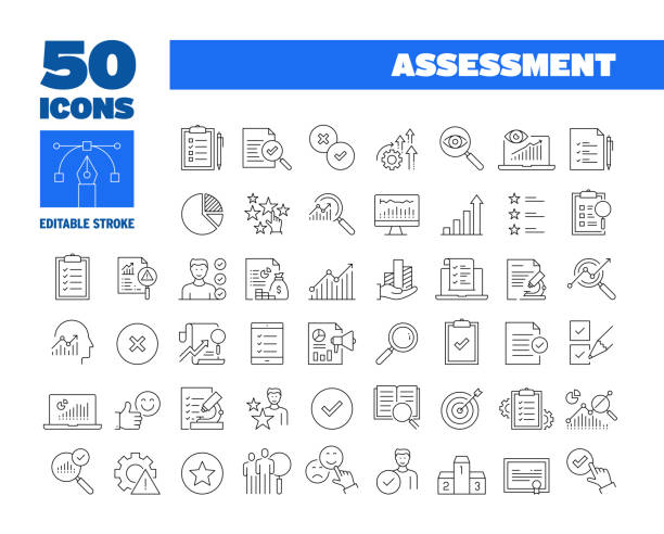 illustrations, cliparts, dessins animés et icônes de jeu d’icônes de ligne d’évaluation simple. audit, plan, analyse, évaluation, résultats. - classification
