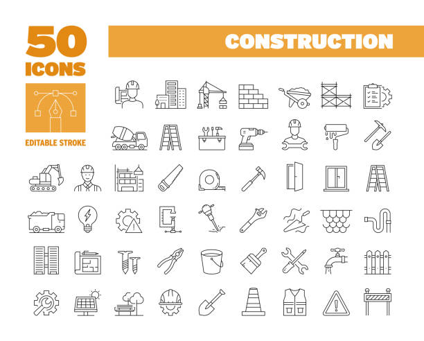 illustrations, cliparts, dessins animés et icônes de ensemble d’icônes de ligne de construction simple. architecture, bâtiments, entrepreneur, développement - chantier de construction