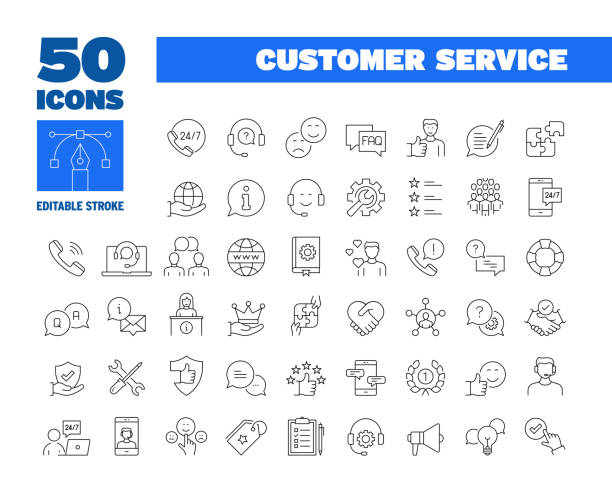 illustrazioni stock, clip art, cartoni animati e icone di tendenza di semplice set di icone della linea del servizio clienti. aiuto, online, cliente, supporto, hotline - gestione delle relazioni con i clienti