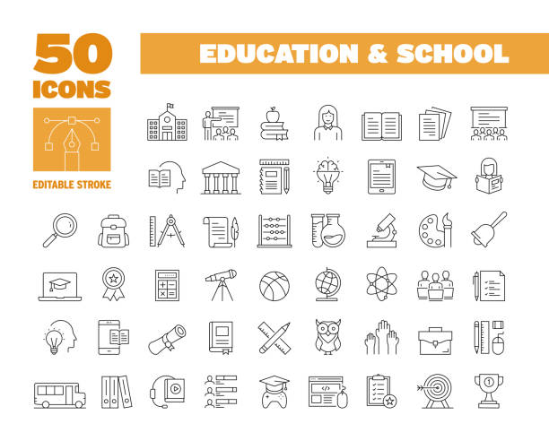 bildbanksillustrationer, clip art samt tecknat material och ikoner med simple education and school line icon set. student, study, knowledge, book, university, college - utbildning