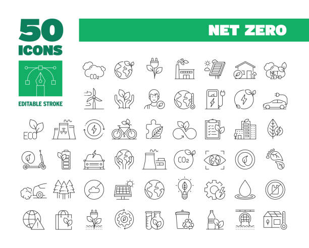jednoduchá sada ikon čisté nulové čáry. životní prostředí, uhlíková neutralita, snížení, ochrana - udržitelná energie stock ilustrace