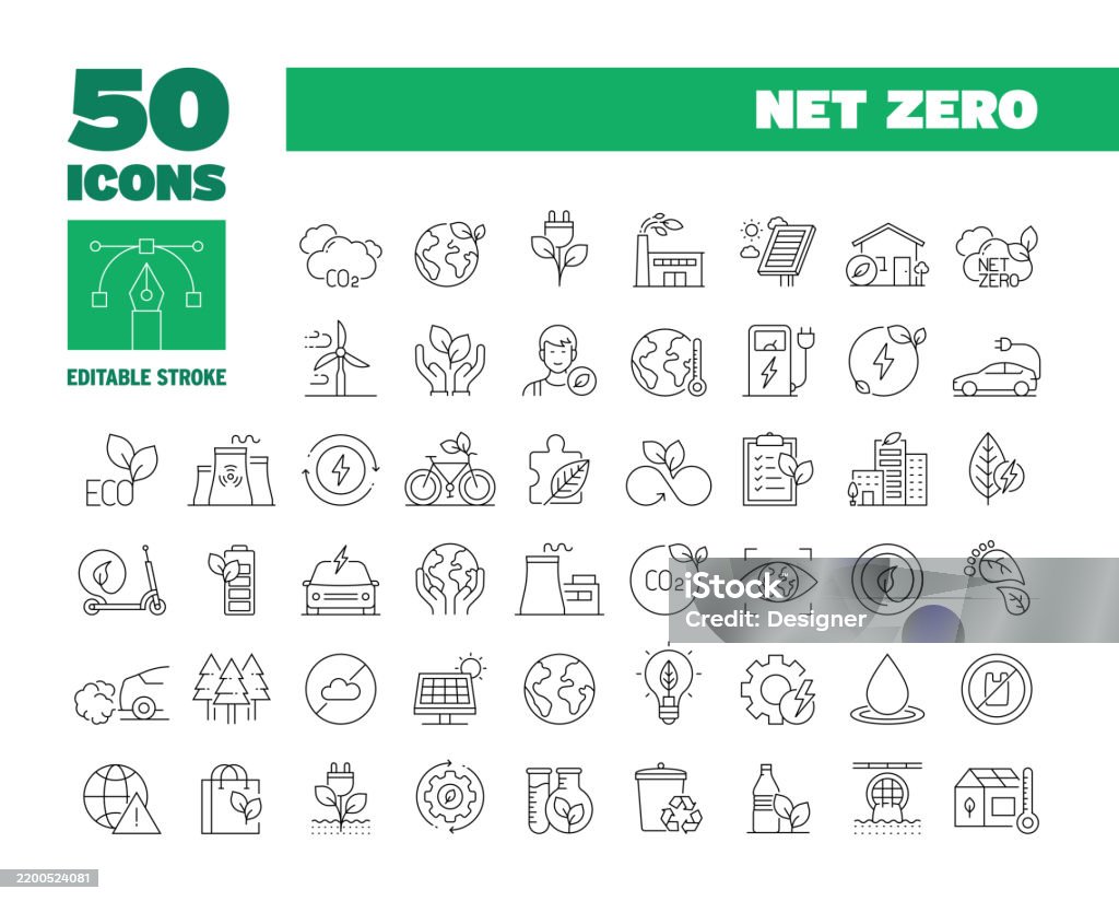 Simple Net Zero Line Icon Set. Environment, Carbon Neutrality, Reduction, Protection - Royalty-free Pictogram vectorkunst Simple Net Zero Line Icon Set. Environment, Carbon Neutrality, Reduction, Protection - Royalty-free Pictogram vectorkunst