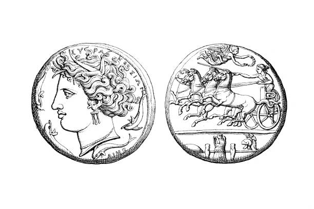 illustrazioni stock, clip art, cartoni animati e icone di tendenza di siracusa decadrachm - antica roma immagine