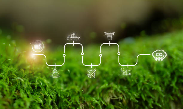 istock Sustainable logistics and supply chain concept. Green transportation methods, including air, sea, drones,  eco-friendly trucking, renewable energy. Climate action for net zero carbon emission target. 2200531679