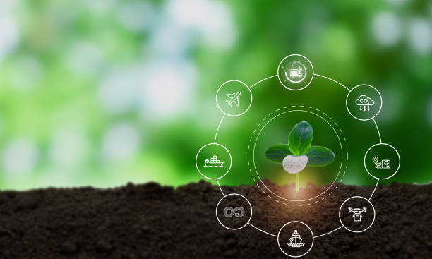 istock Sustainable logistics and supply chain concept. Green transportation methods, including air, sea, drones,  eco-friendly trucking, renewable energy. Climate action for net zero carbon emission target. 2200531681