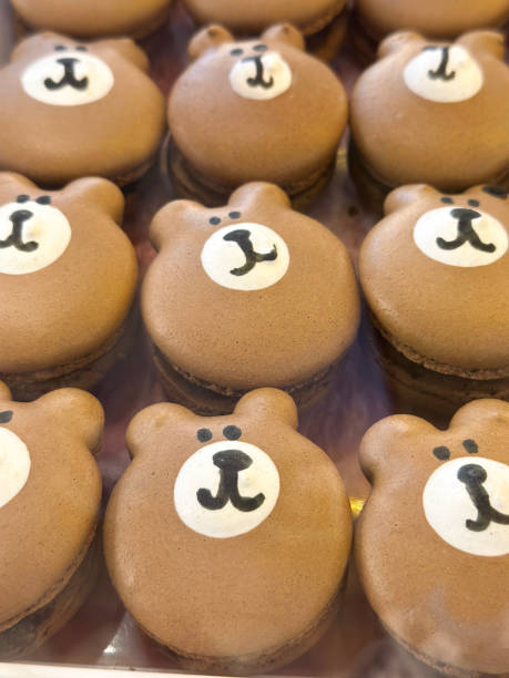 Image of teddy bear faces made from party food, cakes, french macarons, meringue, sweets, delightful array of baked desserts