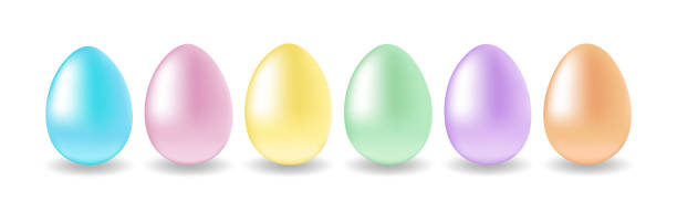 istock Colorful Easter eggs row. Painted shiny chicken eggs. Isolated pink, purple, orange, yellow, green and blue 3d vector eggs. Holiday decorative design elements. Colored Easter Eggs in Pastel Colors 2200536679