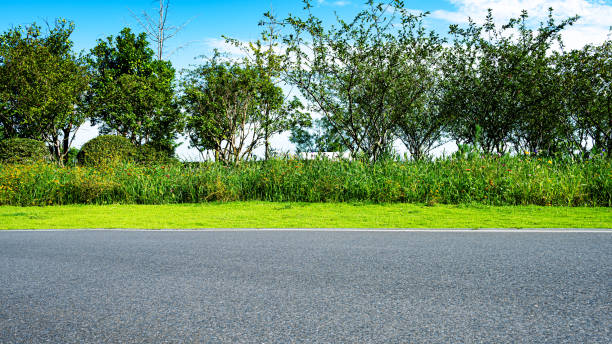 istock Empty asphalt road and roadside garden flowerbed landscape 2200538494