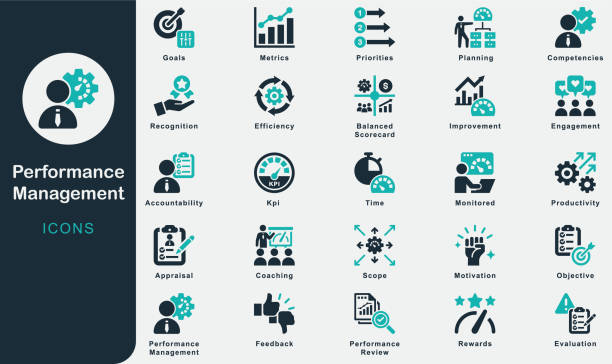 ilustraciones, imágenes clip art, dibujos animados e iconos de stock de colección de iconos sólidos de gestión del rendimiento. que contiene monitoreado, prioridades, alcance, eficiencia, cuadro de mando integral, tiempo, mejora, coaching, objetivos, planificación, recompensas, rendimiento
revisión, kpi - evaluación del desempeño
