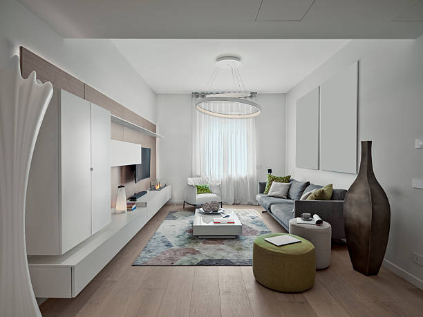 istock Modern Living Room with Grey Sofa, Wall-Mounted TV, and Bioethanol Fireplace 2200541908
