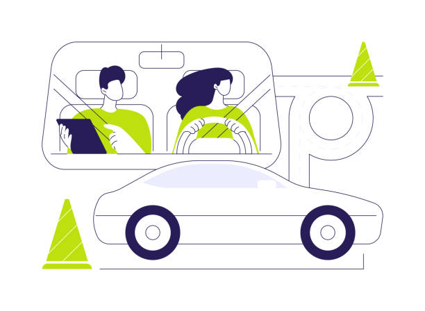 Learn basic maneuvering abstract concept vector illustration. Learn basic maneuvering abstract concept vector illustration. Woman learning to drive with instructor, personal transport, car driving school, elementary vehicle maneuvering abstract metaphor. disney cars stock illustrations