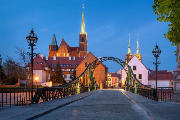 Tumski Bridge (Most Tumski) at dusk in Wroclaw, Poland