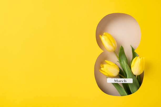 istock Yellow tulips placed with green leaves in a unique pattern representing March 8 2200546809