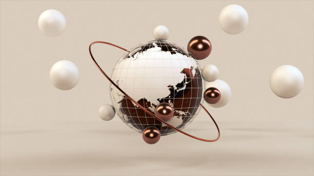 istock White glass 3d earth globe seamless loop isolated on white background and spinning balls around 2200556134