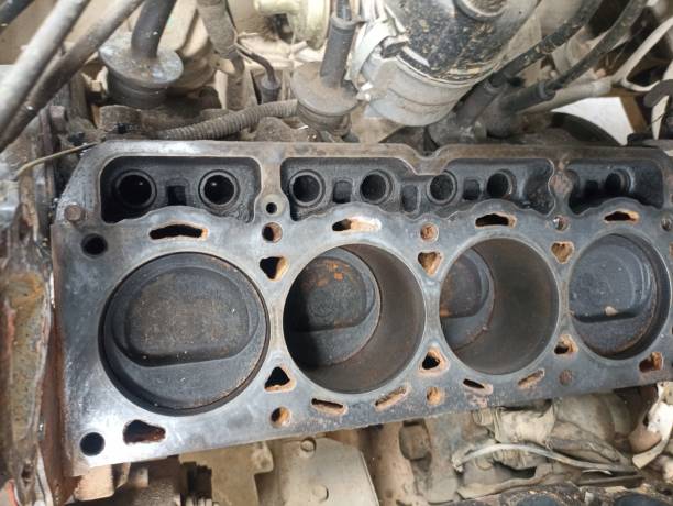 Car piston block under repair. Dirty car engine