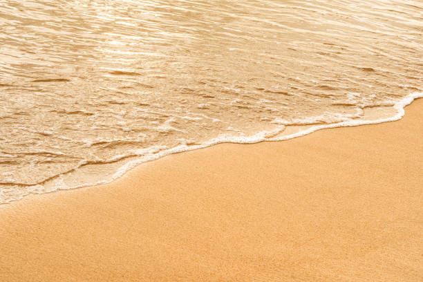 Sand beach background,Summer sea beach with wave  water splash on brown sandy texture for travel,vacation banner,Beautiful gloden hour sunlight reflection on  sea water and yellow beach sand
