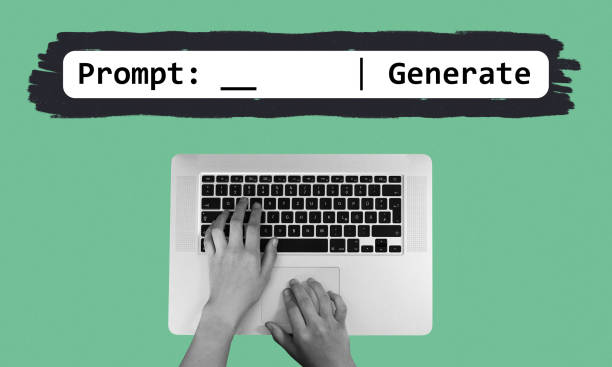 Hand typing on keyboard, generating AI prompt. Futuristic technology concept to help with daily task. Collage illustration isolated on green background.