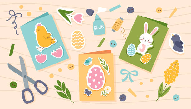 ilustraciones, imágenes clip art, dibujos animados e iconos de stock de tarjeta de pascua hecha a mano2 - hecho en casa