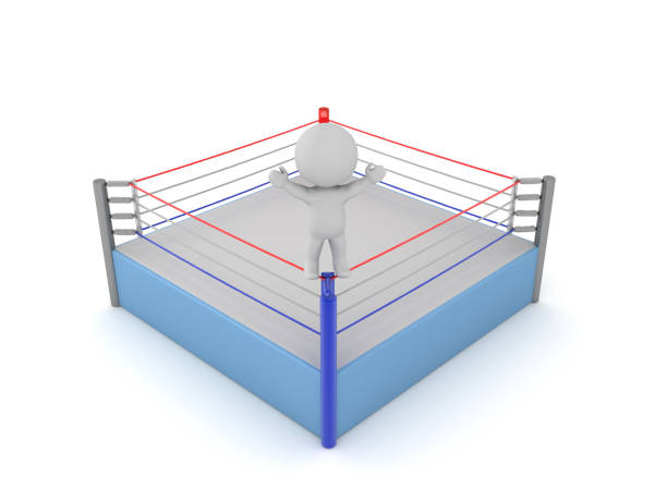 3D Character standing on a ring turnbuckle. 3D Rendering isolated on white.