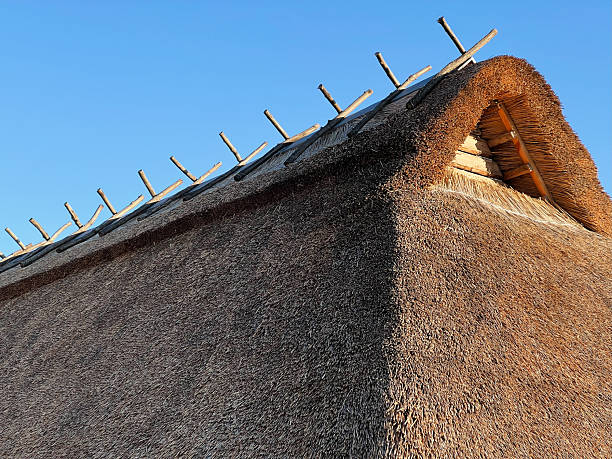 istock Traditional thatched rooftop under blue sky showcasing rustic architecture details 2200566067