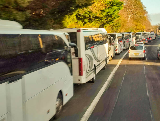 Busses transporting scottish fans  from Glasgow to Edinburgh  at hampton stadium in  scotland england