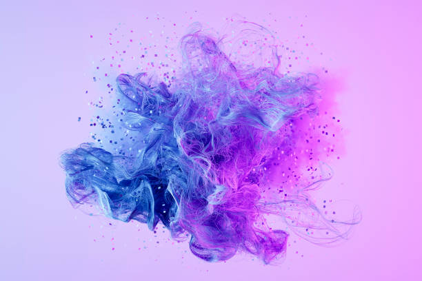 Abstract Wavy Lines with Particles, Chaotic Flowing Thin Wires, Artificial Intelligence and Big Data Concept stock photo