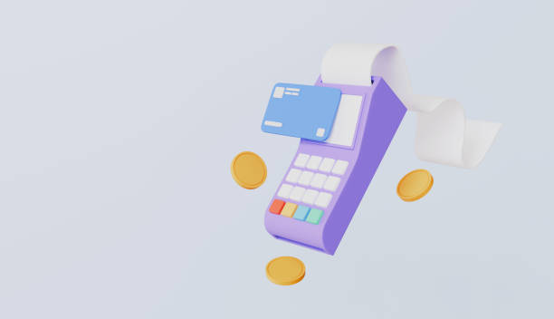 istock POS terminal with bank card, check and falling coins on empty copy space, payment and transaction concept 2200583581
