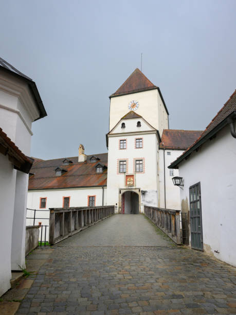 Passau, Germay - April 15, 2024: Veste Oberhaus on a rainy day in springtime, entrance