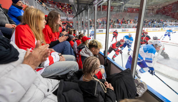 istock Exciting Indoor Ice Hockey Game with Enthusiastic Crowd 2200586252